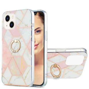 For iPhone 15 Electroplating Splicing Marble Pattern IMD TPU Shockproof Case with Ring Holder(Pink White)