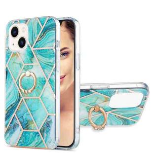 For iPhone 15 Electroplating Splicing Marble Pattern IMD TPU Shockproof Case with Ring Holder(Blue)