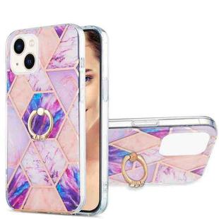 For iPhone 15 Electroplating Splicing Marble Pattern IMD TPU Shockproof Case with Ring Holder(Light Purple)