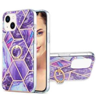 For iPhone 15 Electroplating Splicing Marble Pattern IMD TPU Shockproof Case with Ring Holder(Dark Purple)