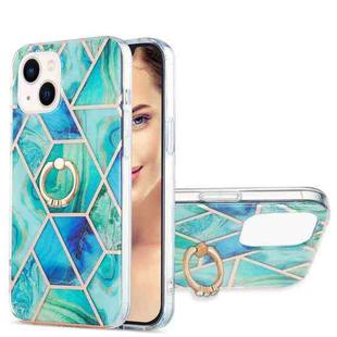 For iPhone 15 Plus Electroplating Splicing Marble Pattern IMD TPU Shockproof Case with Ring Holder(Green)