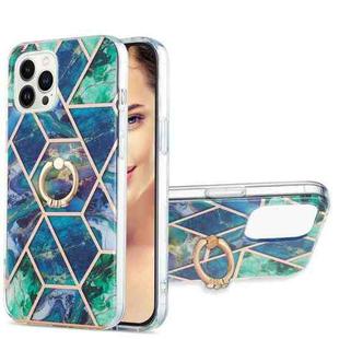 For iPhone 15 Pro Max Electroplating Splicing Marble Pattern IMD TPU Shockproof Case with Ring Holder(Blue Green)