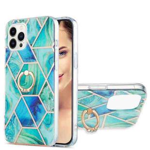 For iPhone 15 Pro Max Electroplating Splicing Marble Pattern IMD TPU Shockproof Case with Ring Holder(Green)