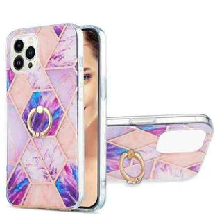 For iPhone 15 Pro Max Electroplating Splicing Marble Pattern IMD TPU Shockproof Case with Ring Holder(Light Purple)