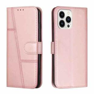 For iPhone 15 Pro Stitching Calf Texture Buckle Leather Phone Case(Rose Gold)