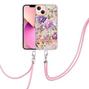 For iPhone 15 Plus Flowers and Plants Series IMD TPU Phone Case with Lanyard(Purple Peony)