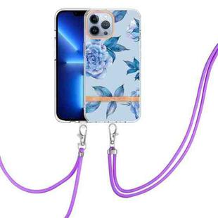 For iPhone 15 Pro Max Flowers and Plants Series IMD TPU Phone Case with Lanyard(Blue Peony)