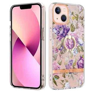 For iPhone 15 Ring IMD Flowers TPU Phone Case(Purple Peony)