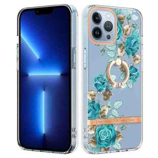 For iPhone 15 Pro Ring IMD Flowers TPU Phone Case(Blue Rose)