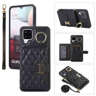 For Samsung Galaxy A12 Horizontal Card Bag Ring Holder Phone Case with Dual Lanyard(Black)