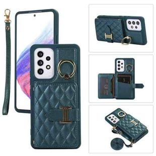 For Samsung Galaxy A52 5G Horizontal Card Bag Ring Holder Phone Case with Dual Lanyard(Dark Green)