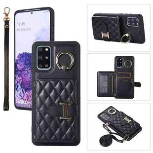For Samsung Galaxy S20+ Horizontal Card Bag Ring Holder Phone Case with Dual Lanyard(Black)
