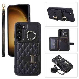 For Samsung Galaxy S21+ 5G Horizontal Card Bag Ring Holder Phone Case with Dual Lanyard(Black)