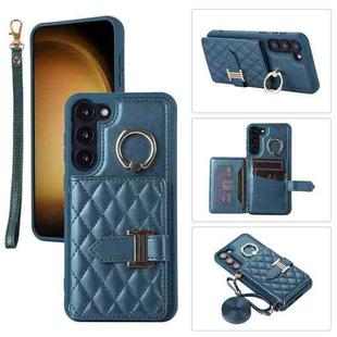 For Samsung Galaxy S22 5G Horizontal Card Bag Ring Holder Phone Case with Dual Lanyard(Dark Green)
