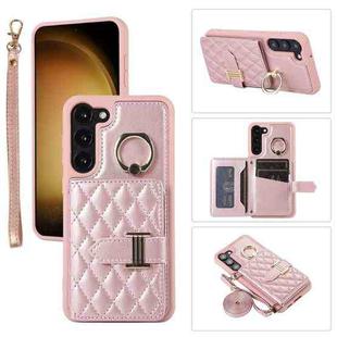 For Samsung Galaxy S22 5G Horizontal Card Bag Ring Holder Phone Case with Dual Lanyard(Rose Gold)
