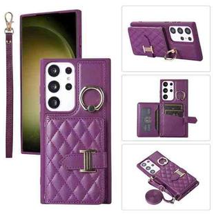 For Samsung Galaxy S23 Ultra 5G Horizontal Card Bag Ring Holder Phone Case with Dual Lanyard(Dark Purple)