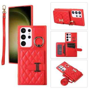 For Samsung Galaxy S23 Ultra 5G Horizontal Card Bag Ring Holder Phone Case with Dual Lanyard(Red)