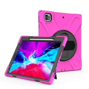 For iPad Pro 12.9 2021 / 2020 Shockproof Colorful Silicone + PC Protective Tablet Case with Holder & Shoulder Strap & Hand Strap & Pen Slot(Rose Red)