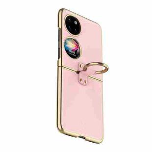 For Huawei P50 Pocket Electroplated Embossed Leather Phone Case with Ring(Pink)