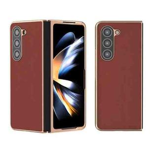 For Samsung Galaxy Z Fold5 Genuine Leather Silk Series Nano Plating Phone Case(Coffee)