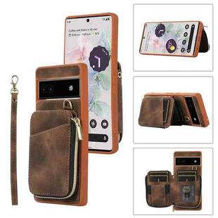 For Google Pixel 6a Zipper Card Bag Back Cover Phone Case(Brown)