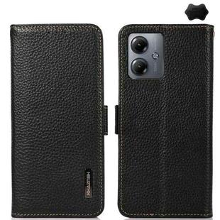 For Motorola Moto G14 4G KHAZNEH Side-Magnetic Litchi Genuine Leather RFID Phone Case(Black)