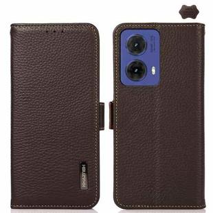 For Motorola Moto G85 KHAZNEH Side-Magnetic Litchi Genuine Leather RFID Phone Case(Brown)