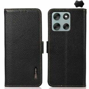 For Motorola Moto G56 5G KHAZNEH Side-Magnetic Litchi Genuine Leather RFID Phone Case(Black)