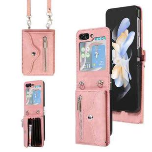 For Samsung Galaxy Z Flip5 Zipper RFID Card Slots Phone Case with Lanyard(Rose Gold)
