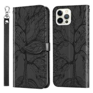 For iPhone 15 Pro Life Tree Embossing Pattern Leather Phone Case(Black)
