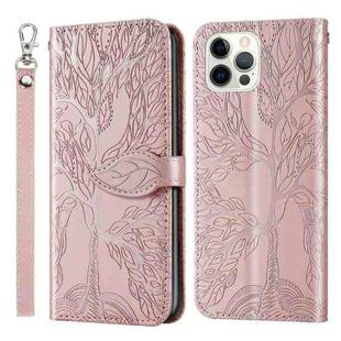 For iPhone 15 Pro Life Tree Embossing Pattern Leather Phone Case(Rose Gold)