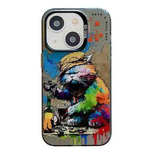 For iPhone 14 Animal Pattern Oil Painting Series PC + TPU Phone Case(Drinking Cat)