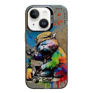 For iPhone 14 Plus Animal Pattern Oil Painting Series PC + TPU Phone Case(Drinking Cat)