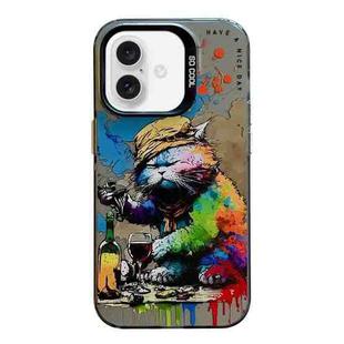 For iPhone 16 Plus Animal Pattern Oil Painting Series PC + TPU Phone Case(Drinking Cat)