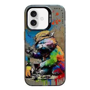 For iPhone 16 Animal Pattern Oil Painting Series PC + TPU Phone Case(Drinking Cat)