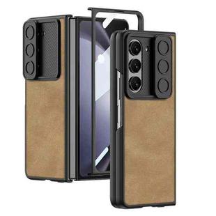 For Samsung Galaxy Z Fold5 GKK Integrated Ultra-thin Sliding Camshield Plain Leather Phone Case(Brown)