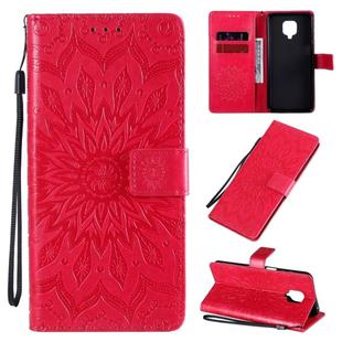 For Xiaomi Redmi Note 9 Pro Embossed Sunflower Pattern Horizontal Flip PU Leather Case with Holder & Card Slots & Wallet & Lanyard(Red)