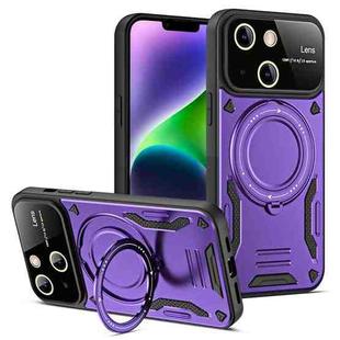 For iPhone 14 Large Window MagSafe Holder Phone Case(Purple)
