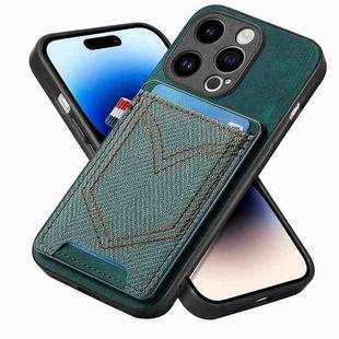For iPhone 14 Pro Denim Texture Leather Skin Phone Case with Card Slot(Green)