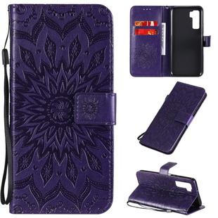 For Huawei Nova 7 SE/P40 Lite 5G Embossed Sunflower Pattern Horizontal Flip PU Leather Case with Holder & Card Slots & Wallet & Lanyard(Purple)