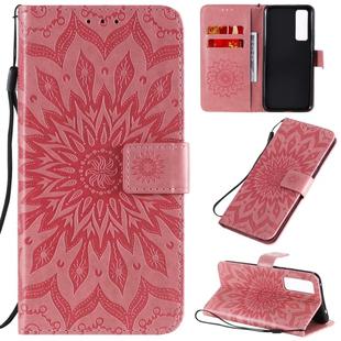 For Huawei Nova 7 5G Embossed Sunflower Pattern Horizontal Flip PU Leather Case with Holder & Card Slots & Wallet & Lanyard(Pink)