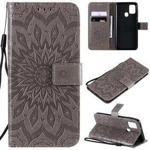 For Samsung Galaxy A21s Embossed Sunflower Pattern Horizontal Flip PU Leather Case with Holder & Card Slots & Wallet & Lanyard(Gray)