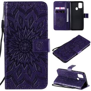 For Samsung Galaxy A21s Embossed Sunflower Pattern Horizontal Flip PU Leather Case with Holder & Card Slots & Wallet & Lanyard(Purple)