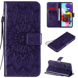 For Samsung Galaxy A51 5G Embossed Sunflower Pattern Horizontal Flip PU Leather Case with Holder & Card Slots & Wallet & Lanyard(Purple)
