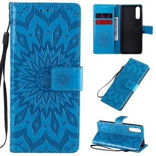 For Sony Xperia 10 II Embossed Sunflower Pattern Horizontal Flip PU Leather Case with Holder & Card Slots & Wallet & Lanyard(Blue)