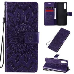 For Sony Xperia 10 II Embossed Sunflower Pattern Horizontal Flip PU Leather Case with Holder & Card Slots & Wallet & Lanyard(Purple)