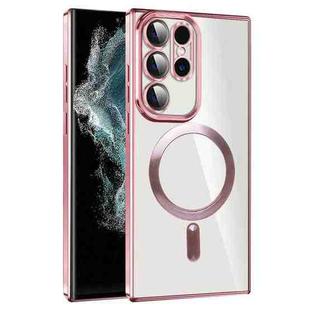 For Samsung Galaxy S22 Ultra 5G CD Texture Plating TPU MagSafe Phone Case with Lens Film(Pink)