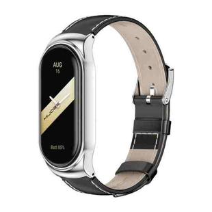 For Xiaomi Mi Band 8 Mijobs CS Case Genuine Leather Top Layer Cowhide Watch Band(Black Silver+White)