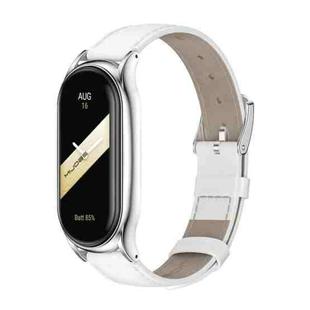 For Xiaomi Mi Band 8 Mijobs Plus Case Genuine Leather Watch Band(White Silver)