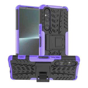 For Sony Xperia 1 V Tire Texture TPU + PC Phone Case with Holder(Purple)